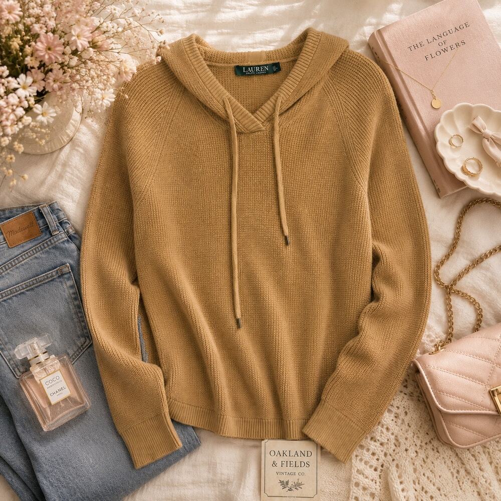 Lauren Ralph Lauren Women’s Camel Waffle Knit Hooded Sweater S